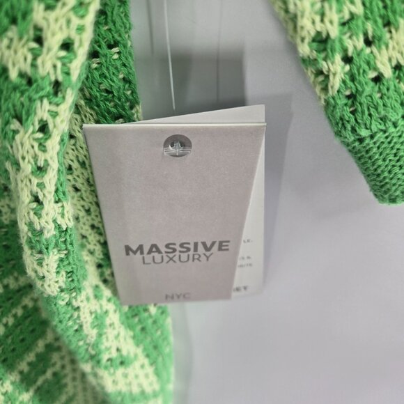 Massive Luxury Green Open Knit Crochet Polo Button Front Short Sleeved Top - Picture 10 of 14